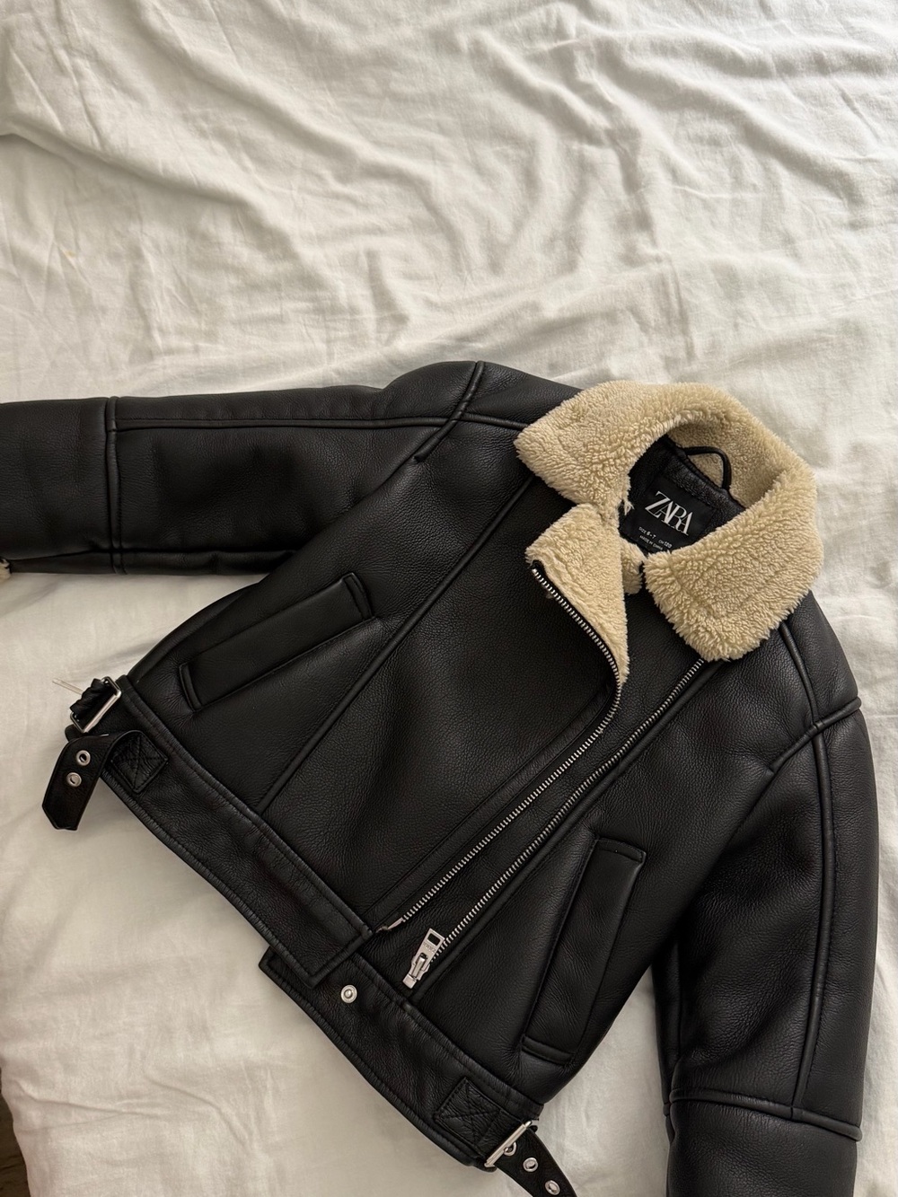 Zara Black Faux Leather Girl Jacket with Cream Shearling Collar